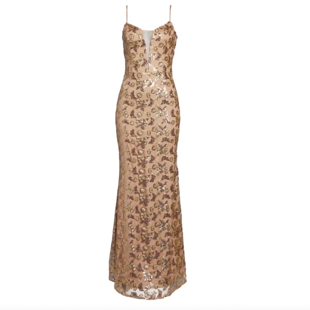 Brand New | Dress the Population | Gold/Tan | Sequin Floral Embellished Gown